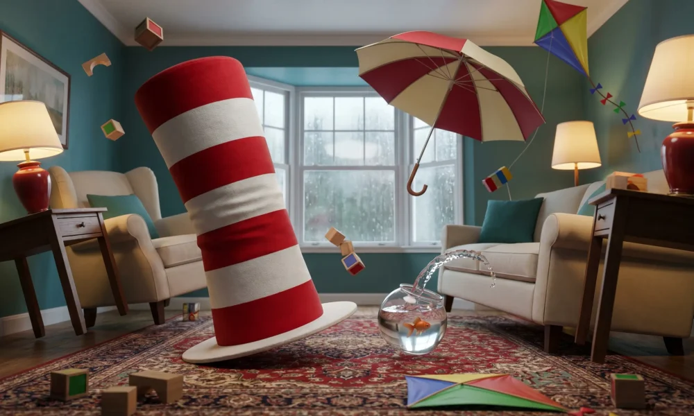 The Cat in the Hat Rainy Day Mayhem party game launching October 30 on consoles and PC.