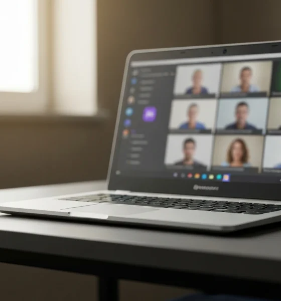 Microsoft Teams Efficiency Mode running on a low-end laptop during a video meeting.